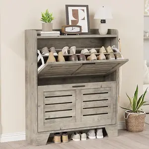 Shoe Cabinet Storage for Entryway, Narrow Shoe Cabinet with 2 Flip Drawers, Freestanding Hidden Slim Shoe Organizer Cabinet with Hooks for Foyer, Hallway