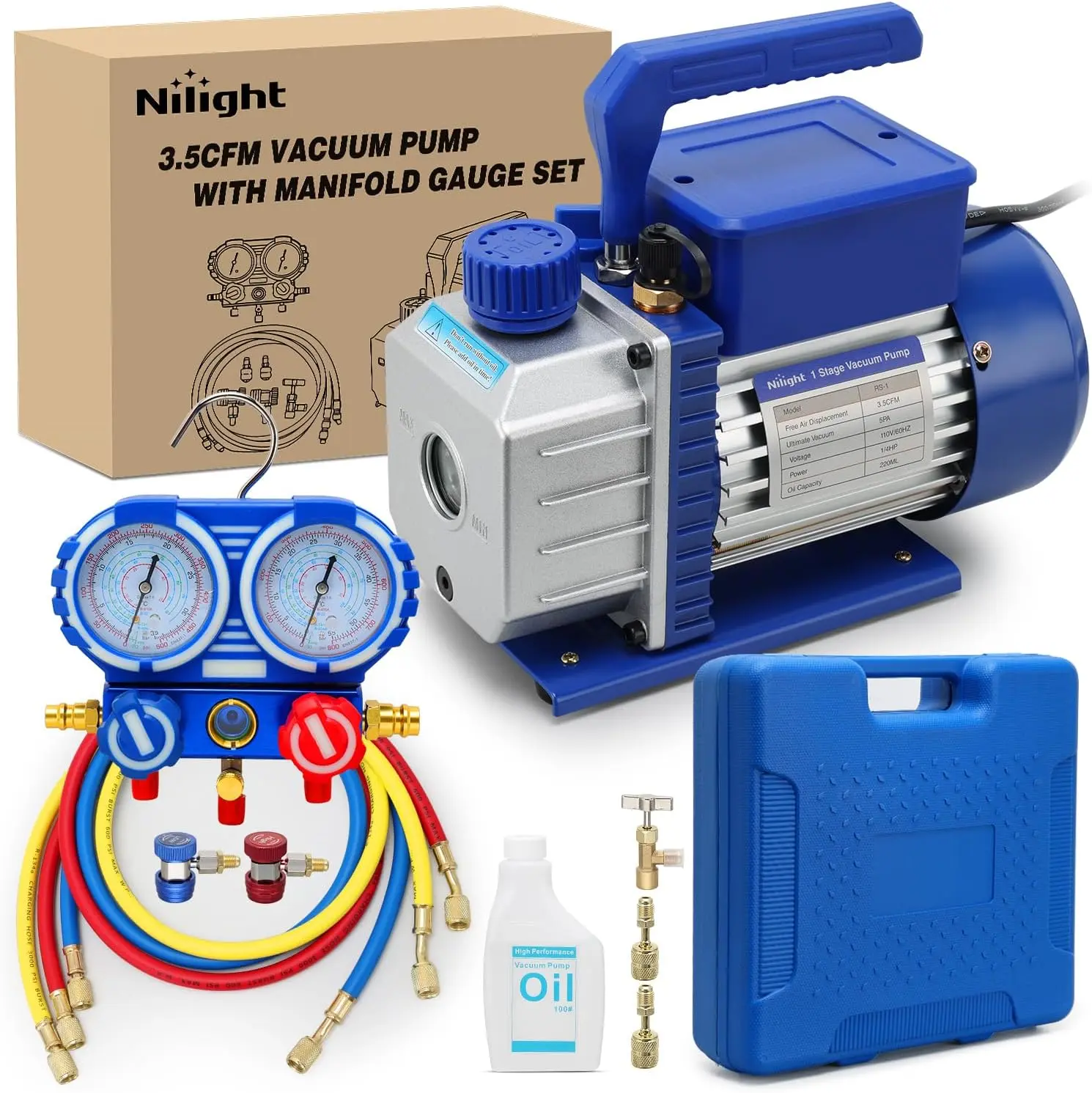 Nilight 3.5 CFM 1/4 HP 110V Single Stage AC Vacuum Pump & Manifold Gauge Set with 1/4" SAE Inlet Fitting, 1720 RPM 4-Pole All-Copper Motor for Automotive HVAC Refrigerant Recharging (R22, R404a, R134a, R410a), Comfortable Non-Slip Handle