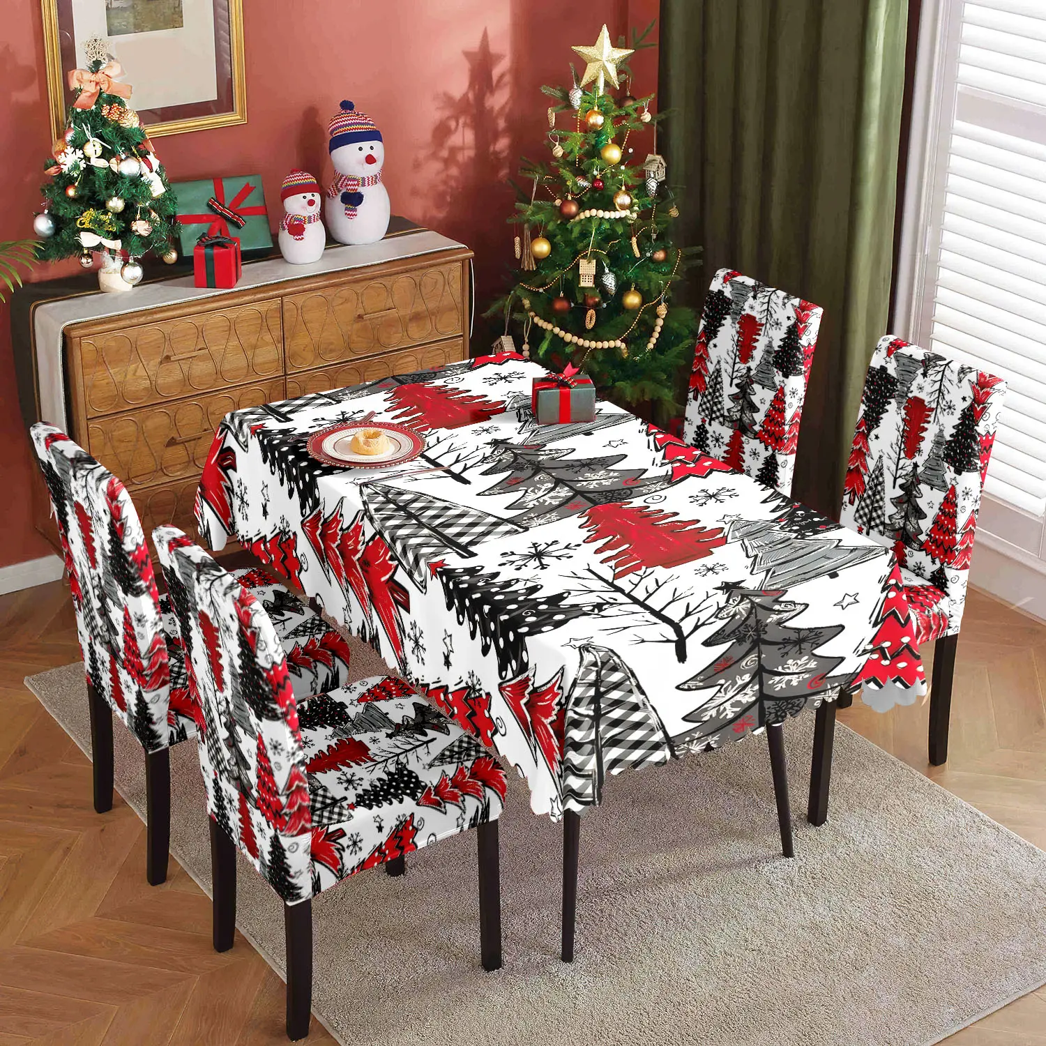 Farmhouse Buffalo Plaid Christmas Chair Covers & Matching Tablecloth Set, Stretch Xmas Tree Dining Slipcovers 5PC/7PC
