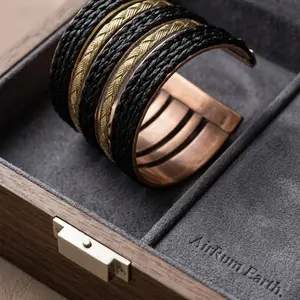 AirRum Earth LunaNoir Cuff  Bracelet - Handmade Polished Copper Cuff with Gold Plating & Braided Leather Straps - Adjustable & Versatile - Ghana Made Jewelry