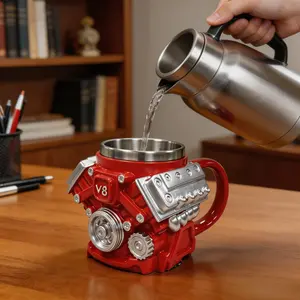 10oz Aesthetic Industrial V8 Block Coffee Mug - Heavy-Duty Stainless Steel Reusable Travel Drinkware Cup, Unique Cool Gadget Gift for Him