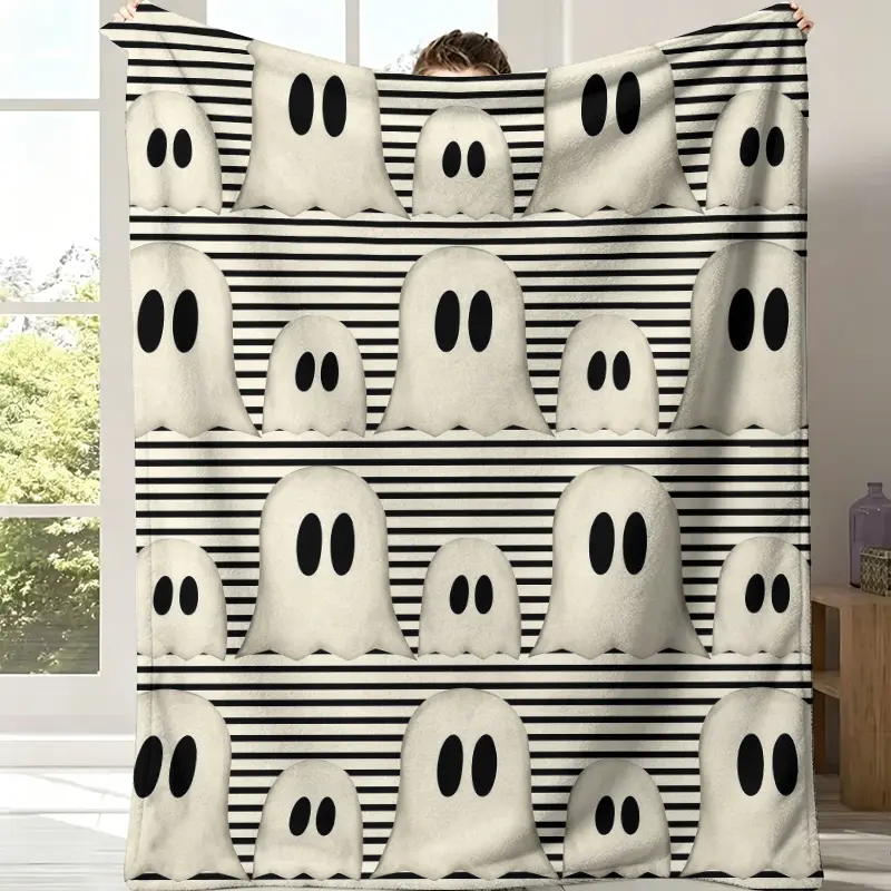 Black White Striped Minimal Ghost Throw Blanket, Simple Two-Eye Ghost Repeat Pattern Neutral Halloween Flannel Blanket, Soft Fleece Blanket, Perfect Modern Farmhouse Halloween Bedroom Decor Neutral Fall Holiday Gift