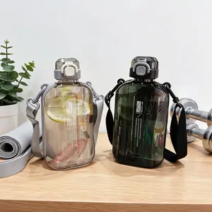 Elegant Flat Transparent Water Bottle with Carry Strap, Portable Square Canteen with Adjustable Shoulder Strap - Slim Design for Gym, Travel, Outdoor Activities