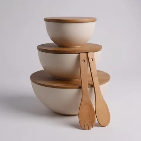 LovaHome Bamboo Serving Bowl Set with Cutting Board Lids 3 Bowls Utensils Eco Friendly Nesting Bowls for Salads Fruit Chips Dip Popcorn Veggies Sides