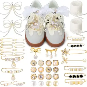 Shoe Charms for Sneakers & Accessories - DIY Shoe Lace Pearl Rhinestone Brooches and Pins for Women,Junk Socks Charms Kit and Satin Cute Shoelace Accessories