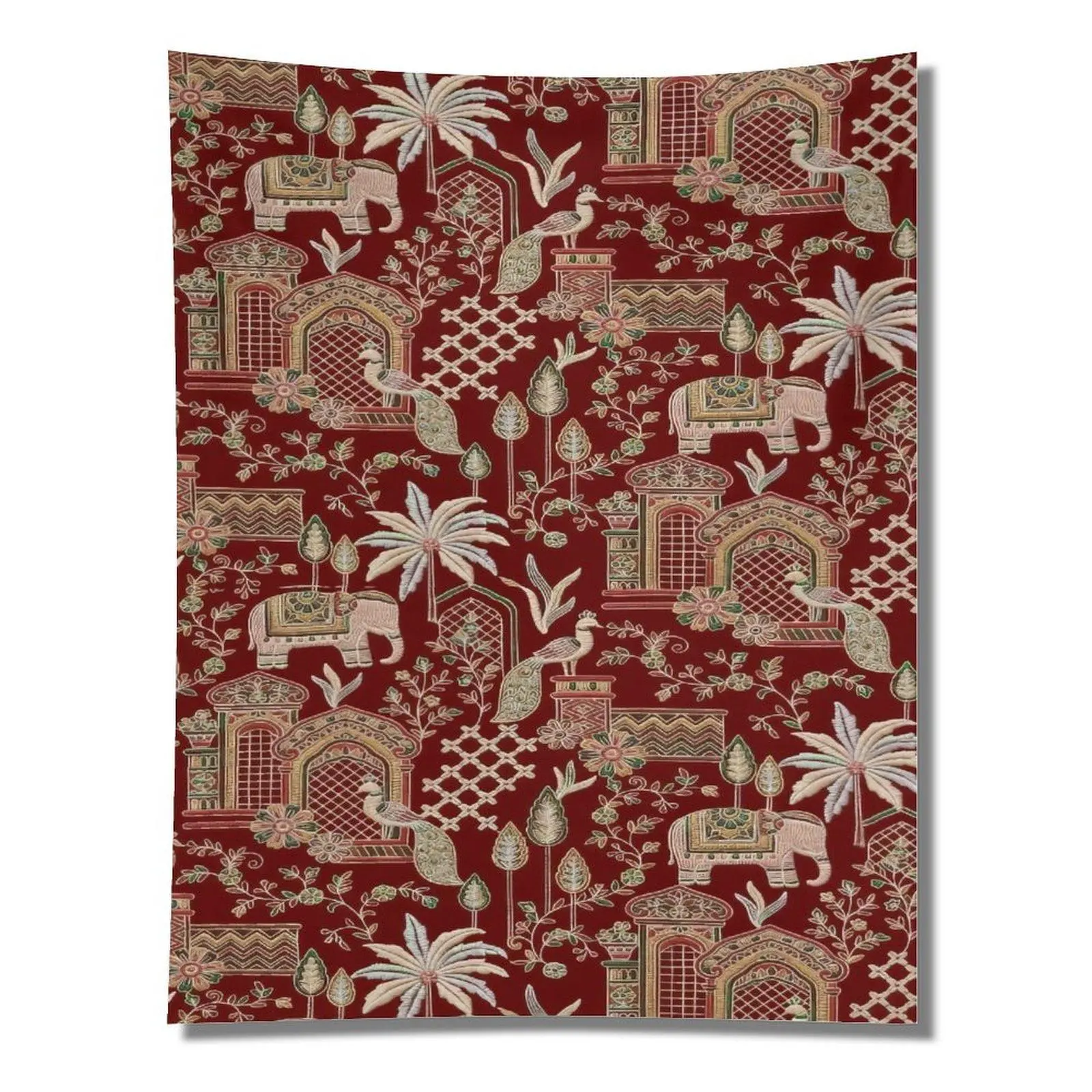 Red Indian Elephant Peacock Palm Tree Ethnic Seamless Pattern Wall Tapestry Wall Hanging, Boho Oriental Traditional Living Room Decor Backdrop, Wall Decor, Ethnic Motifs