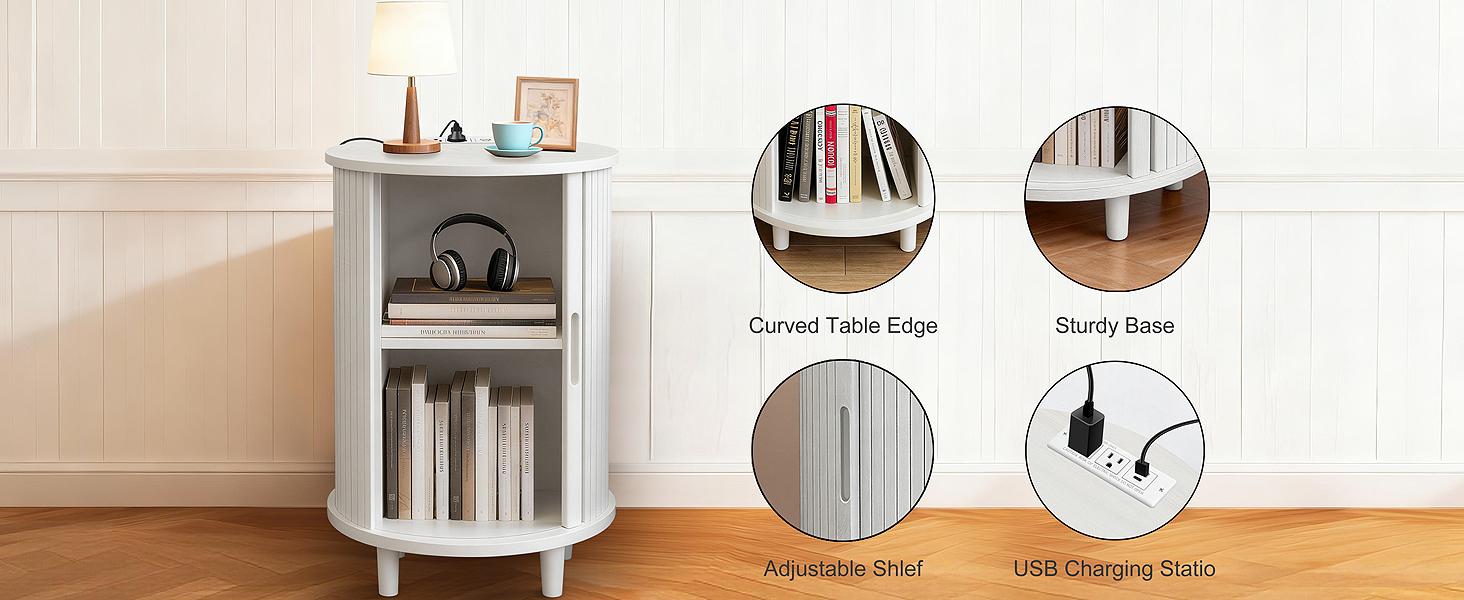 DHH Modern Fluted Round Nightstand with Charging Station & Power Outlets, Circular End Table with Tambour Door & Storage, 2-Tier Bedside Table for Bedroom, Living Room