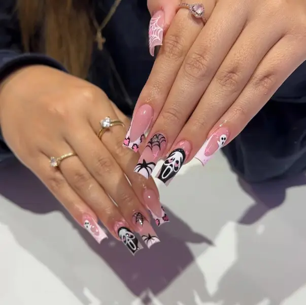 Pastel Goth Halloween Press On Nails Long Square Light Pink Black Fake Nails with Cute Scream Ghost Face Spider Web Art Full Cover False Nails Spooky Sweet Coquette Reusable Acrylic Manicure Kit for Women Cosplay Party Salon Quality