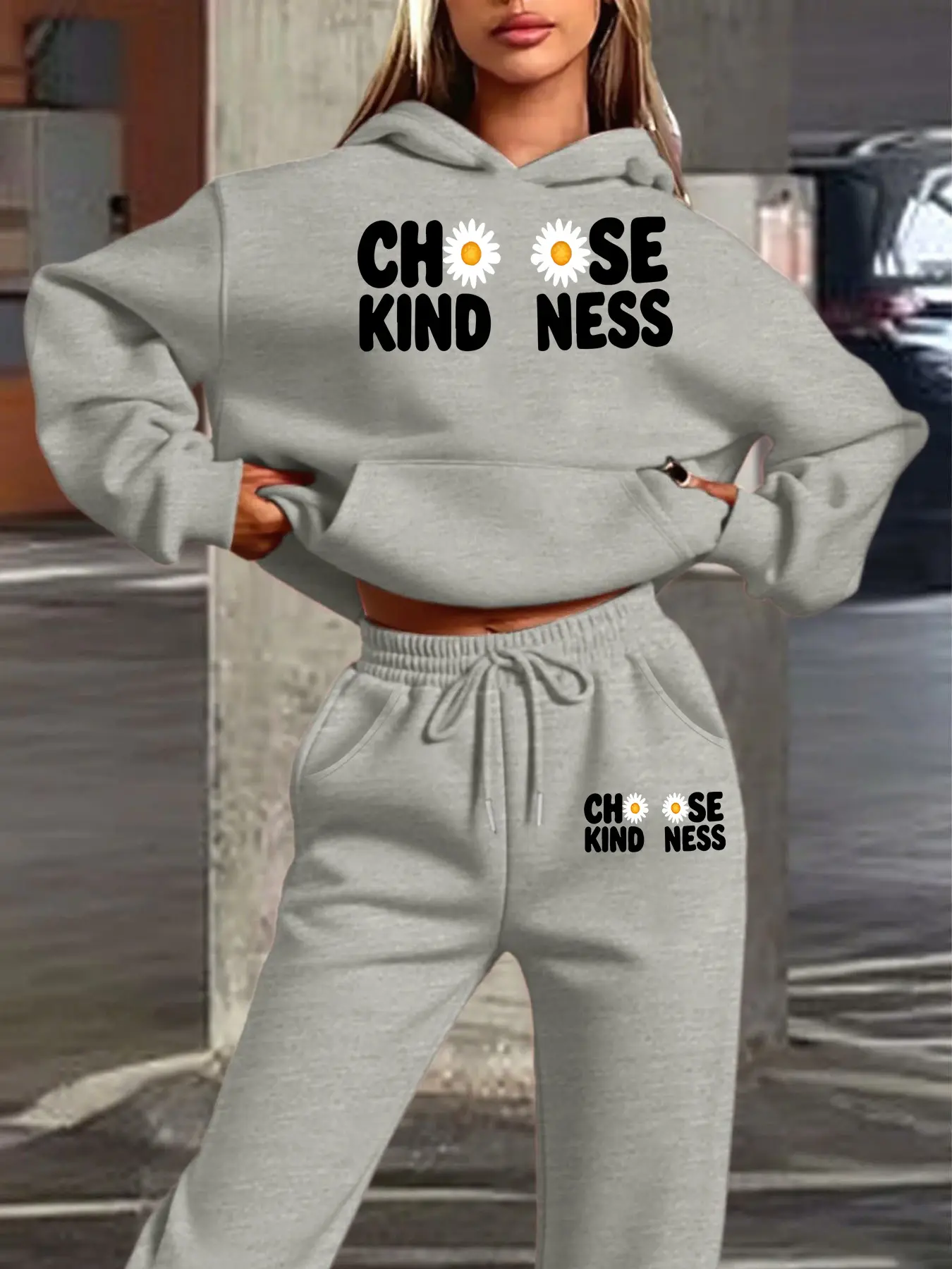 Women's Hooded Sweatshirt Set, Autumn Winter Warm, Daisy Text Print, American Positive Energy, Street Casual Style, Fitted Design