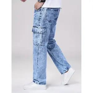 2026 Men's Heavy Duty Work Jeans Multi-Pocket Design Loose Straight Work Pants Vintage Washed (All Seasons) Suitable for Outdoor Casual Wear and Work Pockets