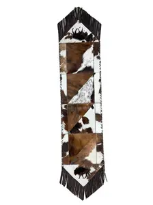 Cowhide Hair-On Table Runner Tricolor | Patchwork Fringe Design with Bison
