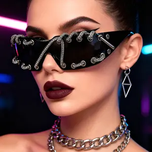Cyberpunk Y2K frameless glasses, fashionable and creative lace up diamond sunglasses, metal rivet retro futuristic party decoration sunglasses, unisex