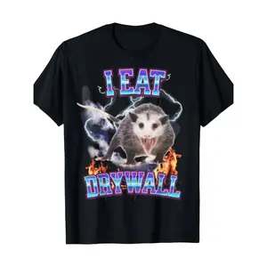 Humorous Possum Cotton T-Shirt Featuring Drywall Eating Quote with Crew Neck Short Sleeves