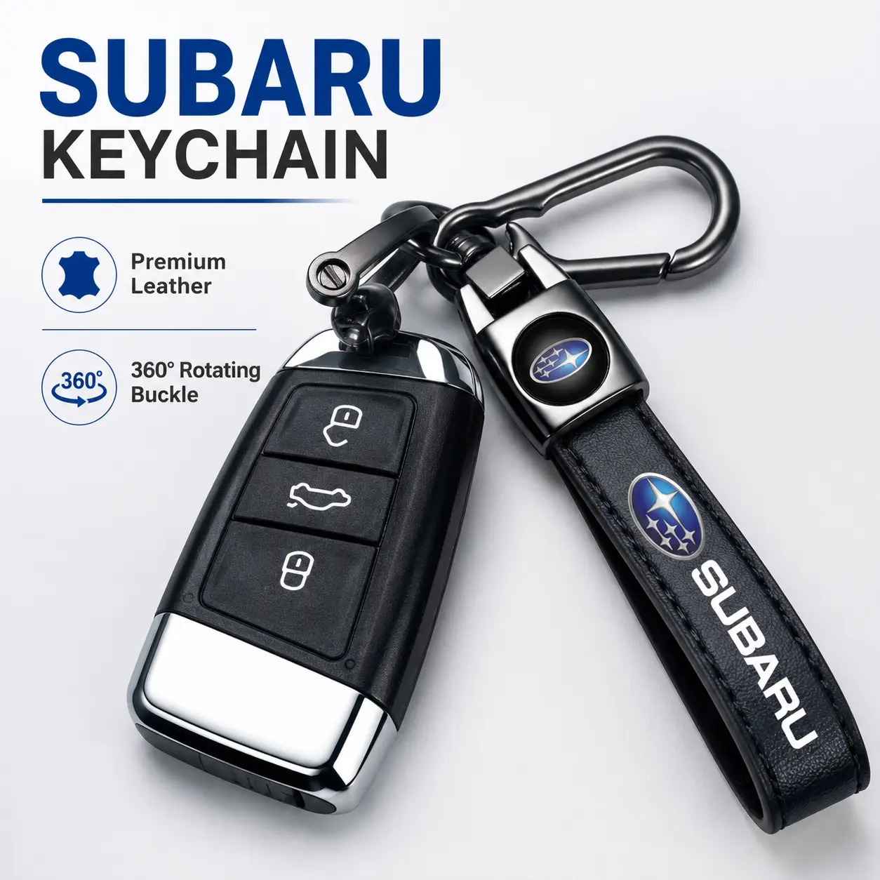 Genuine Leather Car Key Chain with Leather Strap, Electroplated Metal Rotatable Buckle for SUBARU Ascent BRZ Crosstrek Forester Impreza Legacy Outback WRX STI XV, Secure Hold Car Accessories, Black Family Present for Men