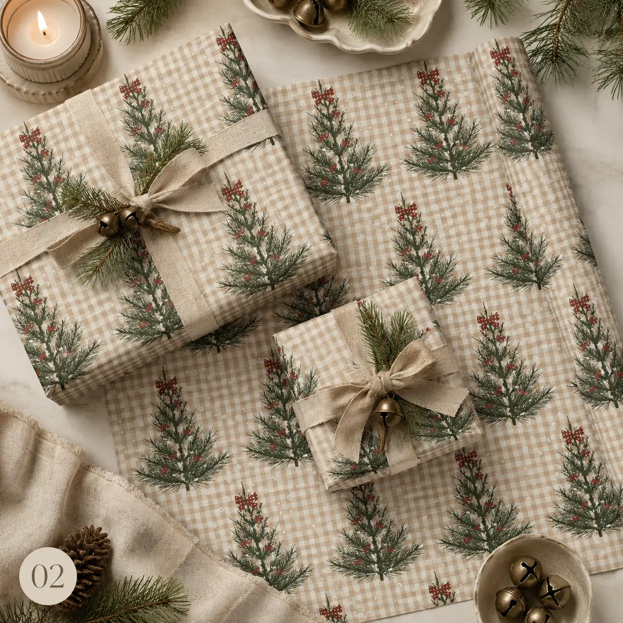 Cozy Gingham Christmas Tree Red Bow Gift Wrapping Paper Sheet - Rustic Beige Plaid Winter Wrap for Holiday Birthday Decor