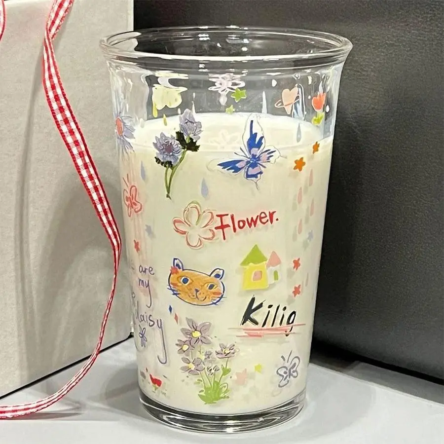 Glass Cup, Cute Cartoon Pattern Glass Cup, Drinking Cup for Home Office Use, Birthday Gift for Friend, Drinkware, Drinking Glass Tumbler, Glass Water Cup