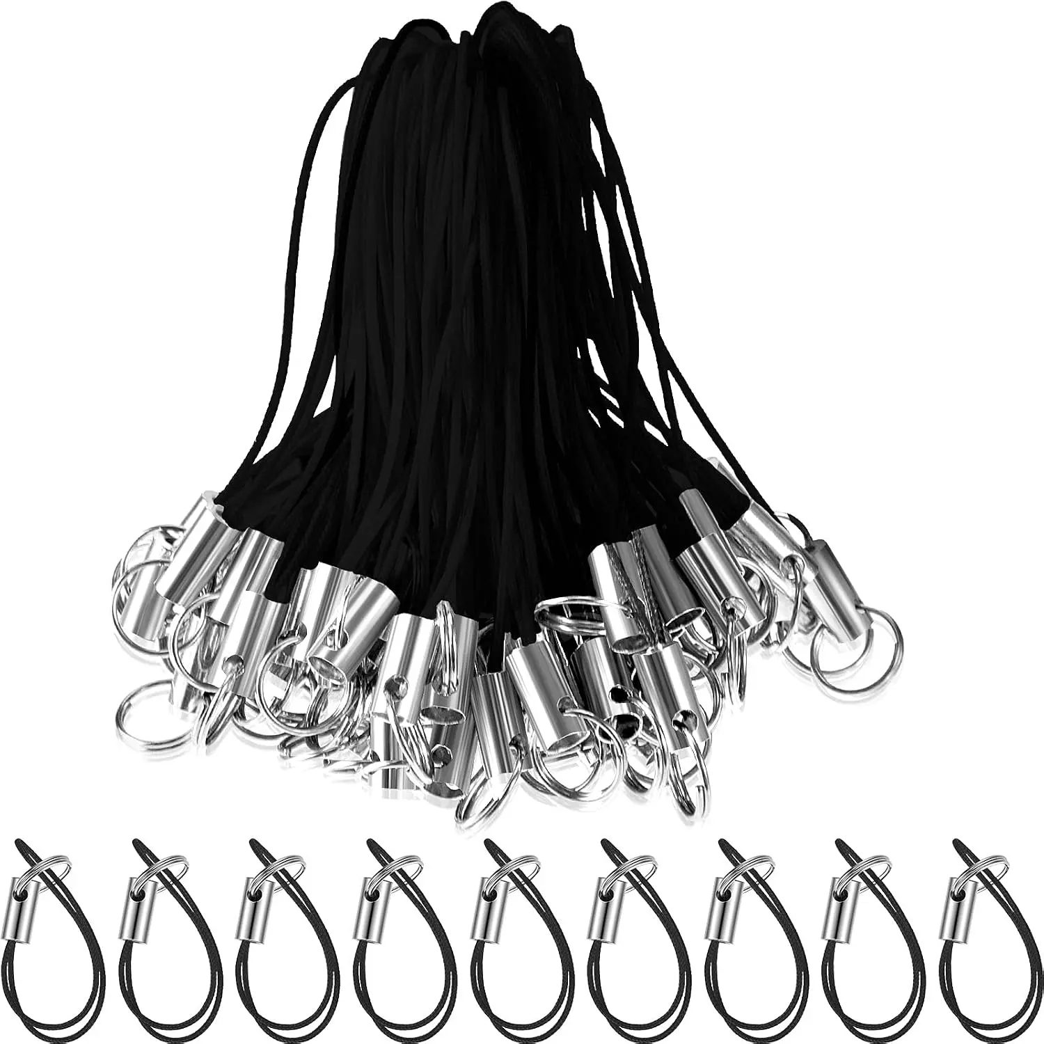 200 Pcs Phone Charms Strap Kit, Cell Phone Split Ring Strap, Keychains String, Lariat Lanyard Loop Charms Pendant Clasp for Cell USB Keychains DIY Jewelry Accessories(Black)Gift.