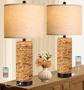 Tall Farmhouse Rustic Table Lamps Set of 2 for Living Room 3-Color Temperature Dimmable Country Antique Bedroom Nightstand Lamps for Retro Decor with USB Charging Port