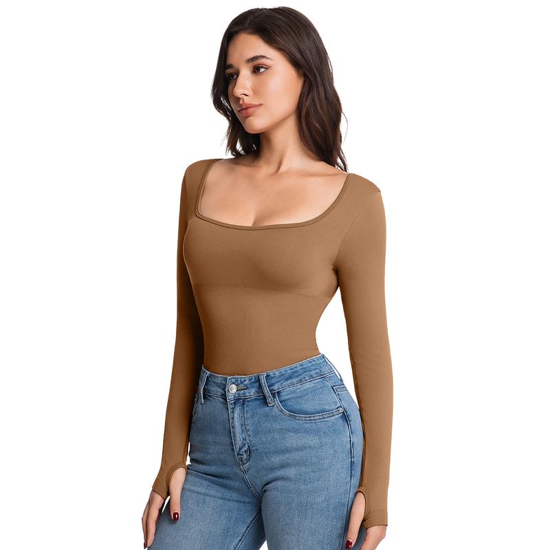 Women's bodysuit long-sleeved backless bodysuit women's top square neck T-shirt women's fashionable bodysuit outerwear mature and sexy style