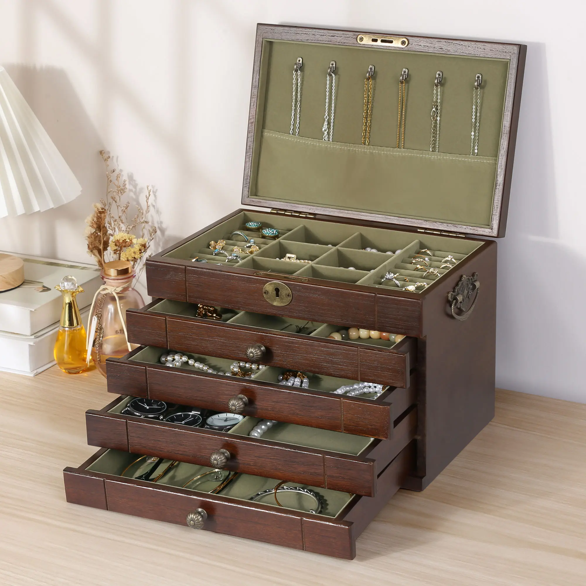 Elegant Wooden Jewelry Box with 4 Drawers and Compartments for Organizing Necklaces, Bracelets, and Earrings