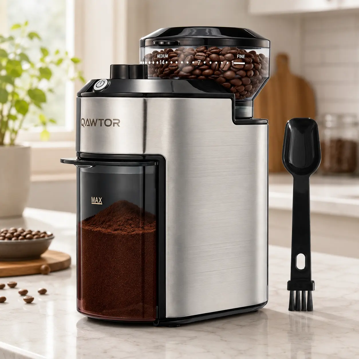Qawtor Electric Burr Coffee Grinder, 28 Adjustable Grind Settings with Precision Timer, Removable Grinding Chamber, Conical Burr Grinder for Espresso, Pour Over, French Press & Home Coffee Brewing