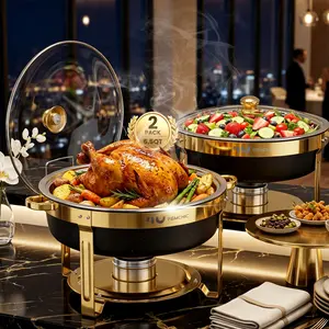 Femchic 6.5QT Black Gold Chafing Dishes for Buffet Maifanite-Coated, 2/4 Pack Stainless Steel Round Chafer Set with Glass Lid, Stackable & Smooth Rim, Dishwasher Safe, for Catering, Parties, Weddings & Holiday Gatherings