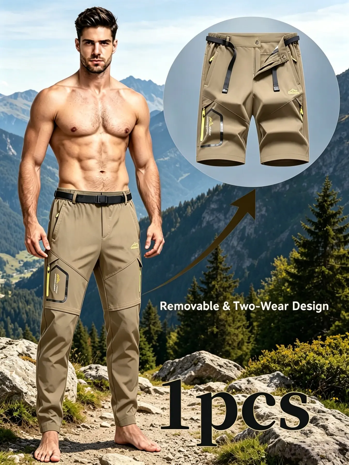 2026 New Spring Summer Detachable Leg Casual Pants, Outdoor Sports Hiking Travel, Multi-Pocket Quick-Dry Breathable Elastic Waist Long Pants, Men's Letter Embroidery Trouser, Casual Cargo Pants, Casual Athletic Pants