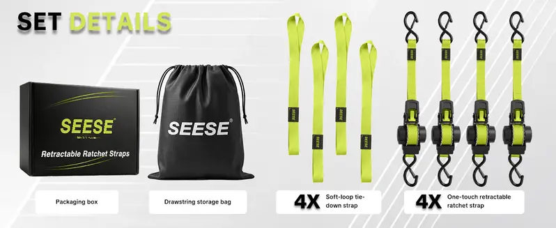 SEESE Sturdy Retractable Ratchet Straps  1"x 11 ft-1550 LB Break Strength Cargo Straps for Moving Appliances, Lawn Equipment, Motorcycle Green ,Halloween gifts