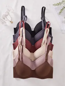 6 Piece Sexy Comfortable Push-Up Bra Set, Pure Color Medium Steel Support Women's Underwear, Fitted Lined Buckle Everyday Bras for All Seasons