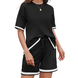 Women's warm autumn knitted two-piece comfortable set of short-sleeved pullover pajamas, casual nightwear, elasticated