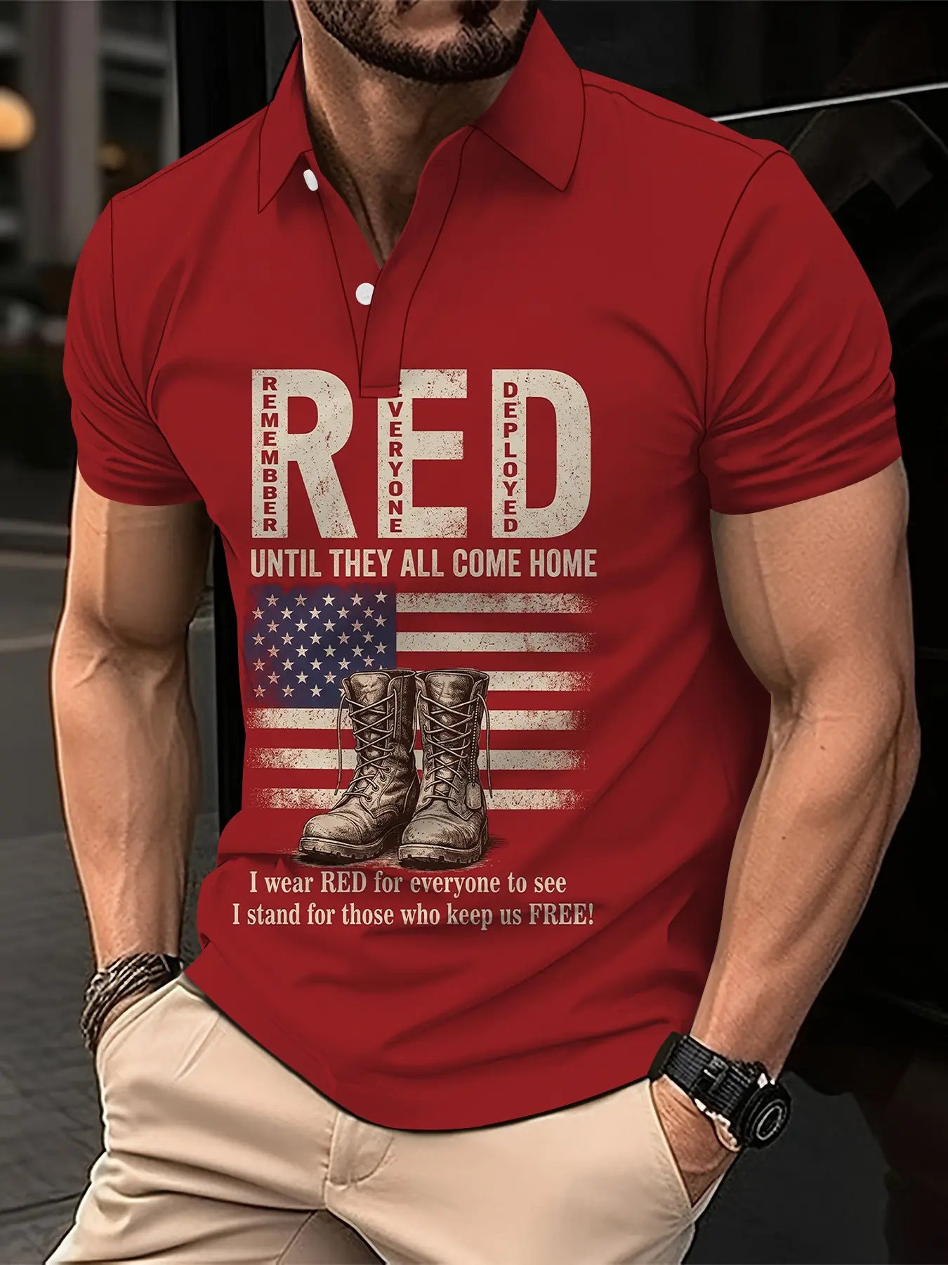 Red military boots star-spangled commemorative printed Polo shirt, celebrating the 250th anniversary of the founding of America, 3D digital printed Polo, casual and versatile sports men's Polo shirt, suitable for daily wear, an ideal holiday gift for men