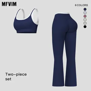 MFVIM women’s color-block nude yoga set featuring a faux two-piece thin-strap bra and high-waisted straight athletic pants; ribbed high-waist outdoor casual versatile fitness set