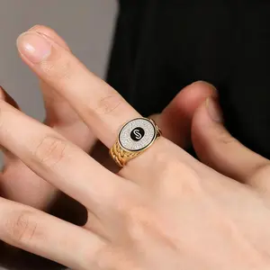 Hip-hop style Cuban chain ring with full rhinestones, 14K gold-plated zircon, men's trendy ring jewelry