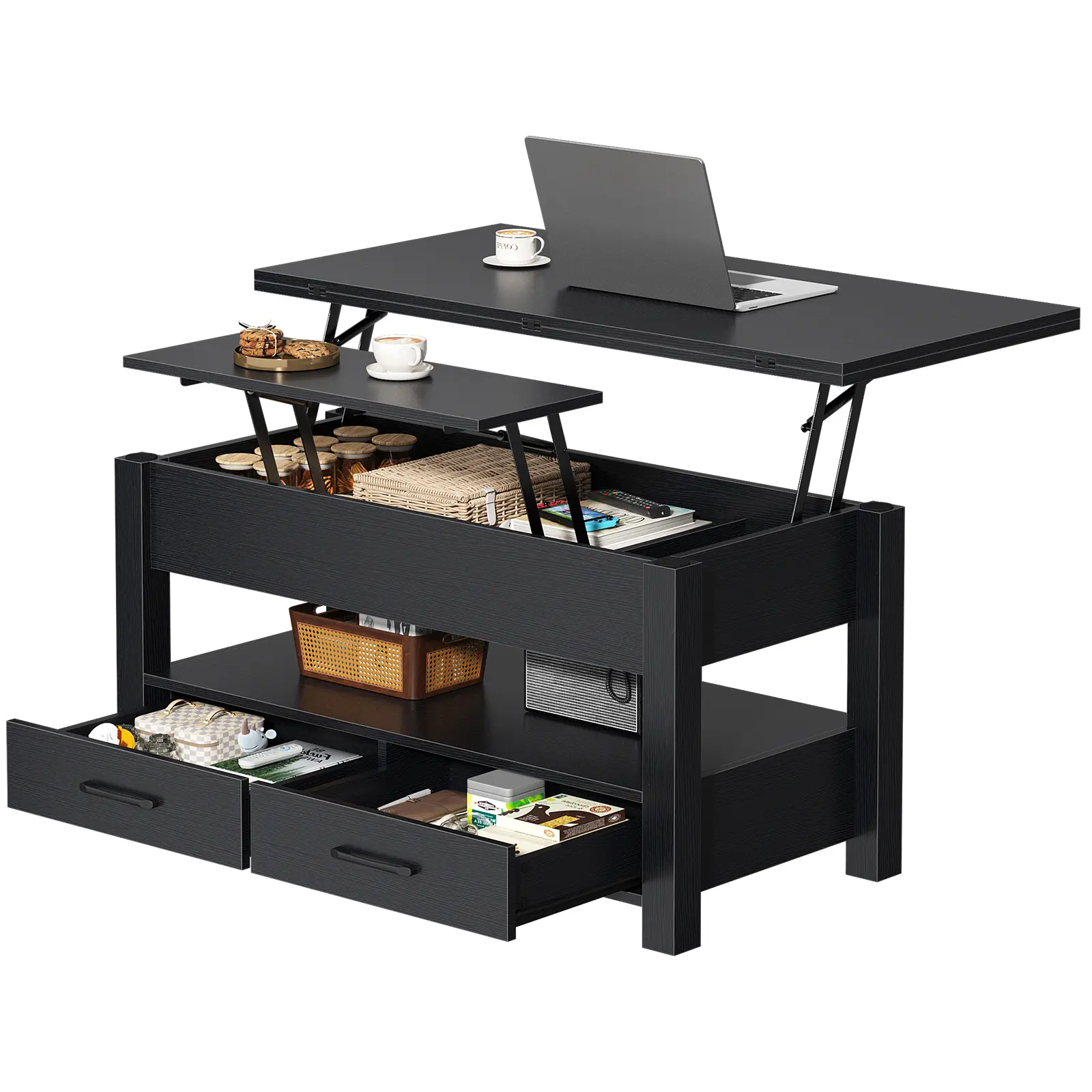 Sweetcrispy 39.4" Convertible Lift Top Coffee Table, 4 in 1 Multifunctional Table Expandable Coffee Table to Dining Table with 2 Drawers and Storage for Small Living Room, Apartment, Board Game