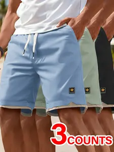 Men’s 3-Pack Faux Two-Piece Panel Casual Shorts, Drawstring Waist, Summer Cropped Straight-Leg Style, Suitable for Outdoor Running, Fitness, Beach, Casual Sports, Everyday Wear, Knee-Length