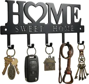 Wall Key Holder with 5 Hooks – Metal Wall-Mounted Key Rack for Keys, Bags & Leashes, Decorative Organizer for Entryway, Mudroom, or Hallway, Sweet Home Design, 9.8 Inch Black Key Hanger for Home Organization