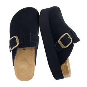 CUSHIONAIRE Women's Granola Genuine Suede Cork Footbed Platform Clog, +Comfort, Wide Widths Available Black 10
