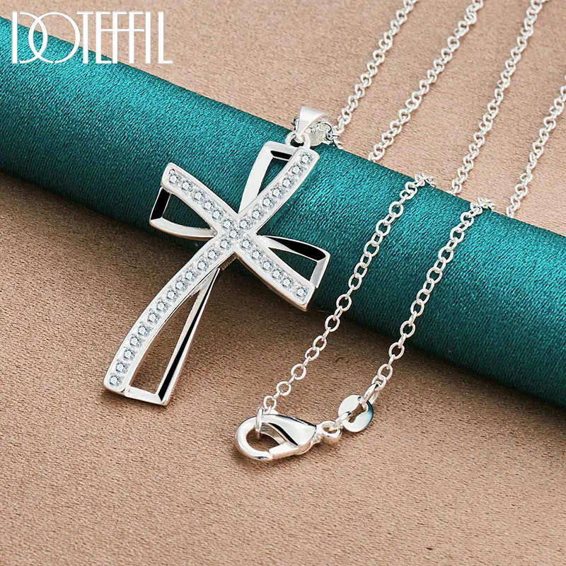 DOTEFFIL 925 Sterling Silver 16-30 Inch Chain Cross AAA Zircon Pendant Necklace For Woman Fashion Wedding Party Charm Jewelry