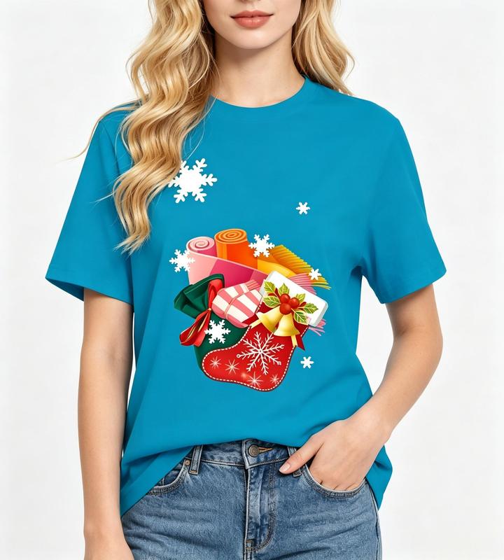 Women's Fitted Short Sleeve Crew Neck Graphic T-Shirt - Lightweight Fabric, Bell/Candy Cane/Snowflake Prints, Casual Holiday Christmas Gift Box Tee, Sohochic Blue Womenswear