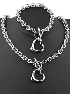 Hollow Out Heart Design Pendant Necklace & Link Bracelet, Street Trendy Chain Necklace & Bracelet, Fashionable Matching Jewelry Set for Women & Men