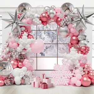 Frozen Balloon Arch Garland Kit, Pink Snow Balloon Arch With Pink Red Silver White Balloons For Baby Shower Girl Frozen Birthday Party Decorations