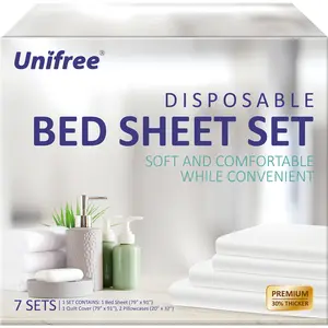 Unifree 7 Sets Disposable Bed Sheets Travel Sheets for Hotel, Portable Bedding Cover Bedspread, Disposable Bedding Set with 79"X 91"Bed Sheet and Quilt Cover, 2 Pieces 20"X32" Pillowcase, Bedsheet Set, summerwins