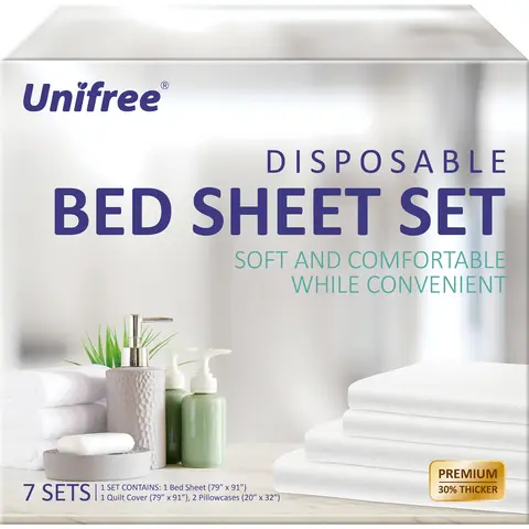 Unifree Disposable Bedsheet Sets (7 Sets) - Hygienic, Lightweight, Easy-to-Carry, Moisture-Wicking Bedding - 79"×91" Full Bed Sheet & Quilt Cover, 2×20"×32" Pillowcases for Travel Hotels, Ideal for Travel Stays, home essentials, gift ideas, cozy home