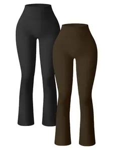 Women's Solid High Waist Sports Flare Leg Pants, Fold Over Flare Pants, Casual Comfy Flared Breathable Yoga Bell Bottom Trousers Yoga Pants for Gym Workout Running, Tummy Control