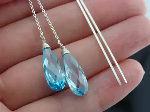 Long Swiss Blue Cubic Zirconia CZ 925 Sterling Silver Ear Threader Earrings · Elegant Dangle Jewelry · Minimalist Gift for Her
