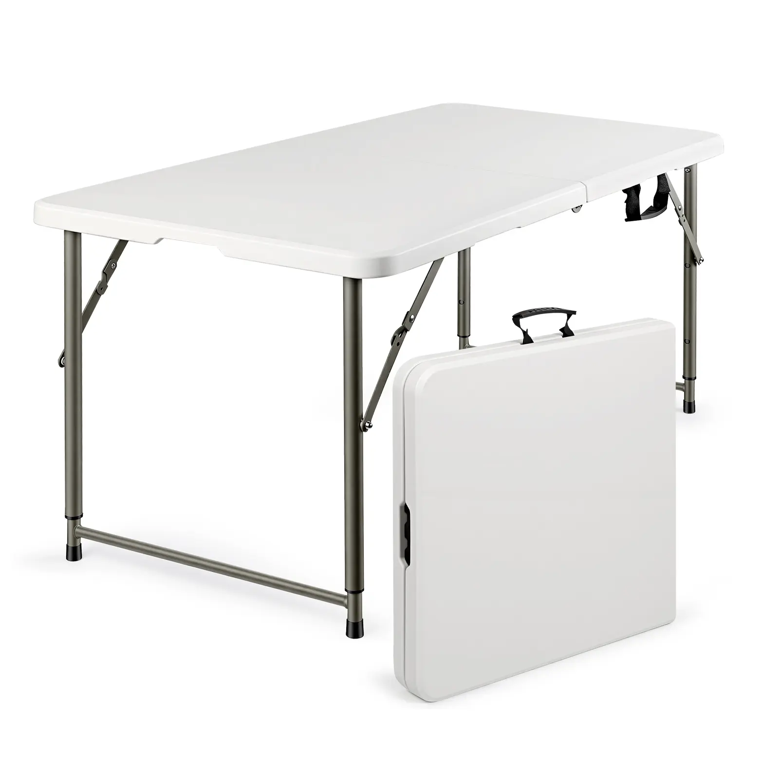 4 FT Plastic Folding Height Adjustable Desk with Gray Frame, 3-Level Adjustability, HDPE Top, Fully Assembled Portable Utility Table with Carrying Handle, 47"(L)x23"(W)x21.5"(H) & 23.5"x23.5"x2.5" Super Slim, for Camping, Dining