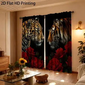 2 Piece Set Tiger Animal Print Curtains, Vintage American Style Polyester Drapes, Rod Pocket Installation, Bedroom Living Room Kitchen Decor