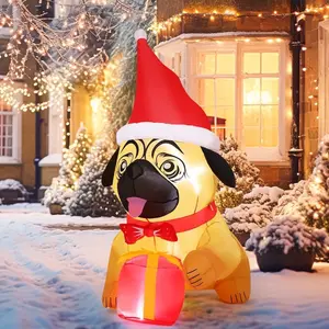COMIN Inflatable Christmas Pug Dog Holding Present Decoration - 5FT Height with Built-in LEDs and Waterproof Design