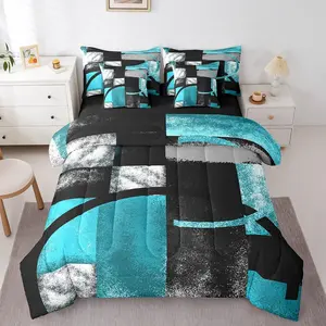 Abstract Turquoise and Black 7 PCS Bed in A Bag,Grunge Teal Ombre 7 PCS Comforter & Sheets,Gray Black Blue Stripe Bed in A Bag