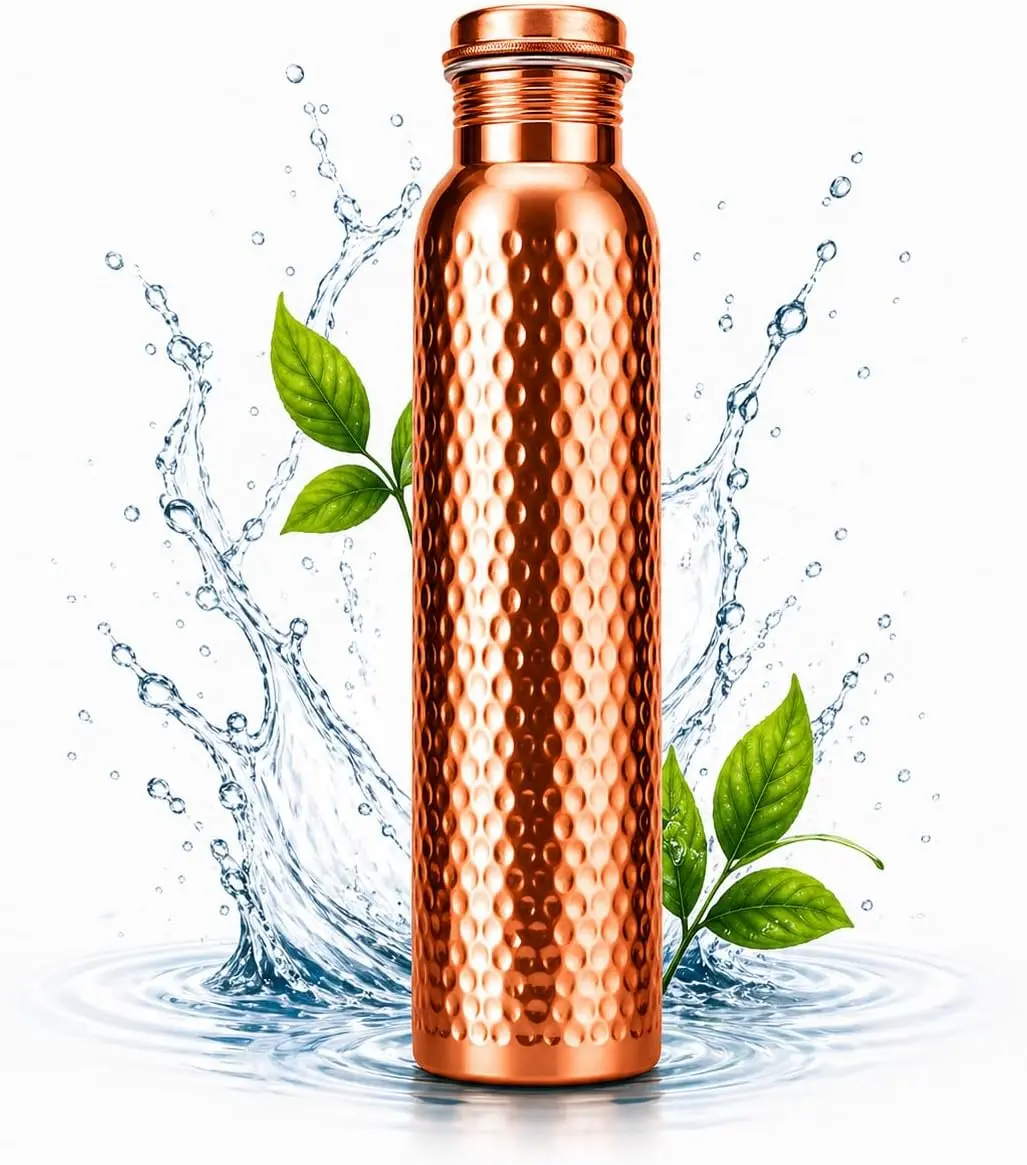 Pure Copper Water Bottle 950ml (32oz) – Ayurvedic Health Benefits, Leak Proof Copper Bottle for Drinking Water, BPA Free,tamra jal/Water Bottle for Home, Office, Yoga & Gym (Hammered-1L-Pack of-1)